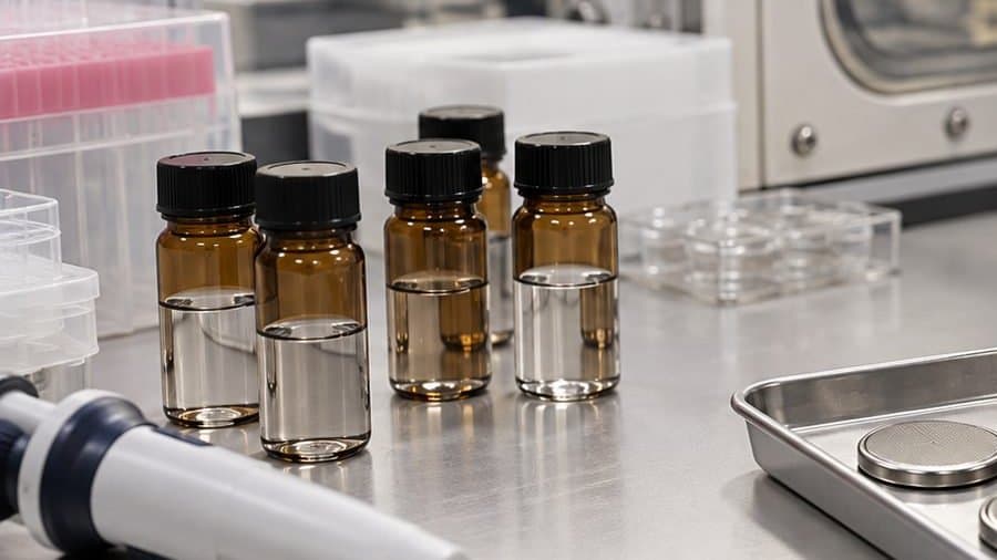 Sealed amber vials of candidate electrolytes and a micropipette on a lab bench