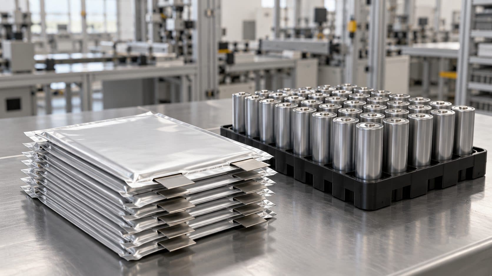 A stack of pouch cells next to a tray of 21700 cylindrical cells on a pilot-line table