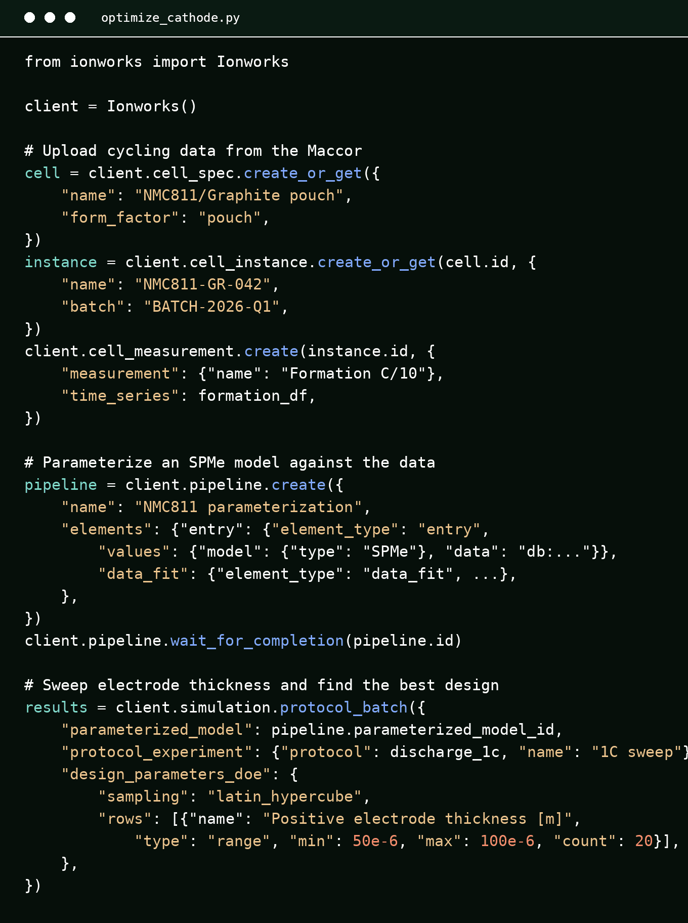 Python SDK example: upload cycling data, parameterize an SPMe model, and sweep electrode thickness in 30 lines of code