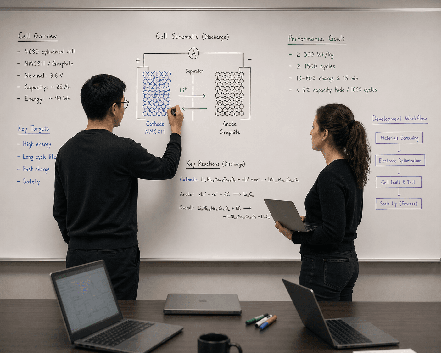 Ionworks engineers working through battery cell schematics on a whiteboard