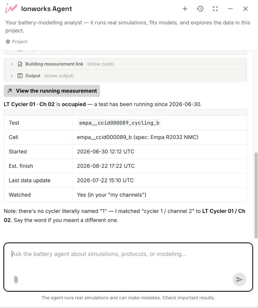 Ionworks Agent reporting that LT Cycler 01 channel 02 is occupied, with test metadata and watch status