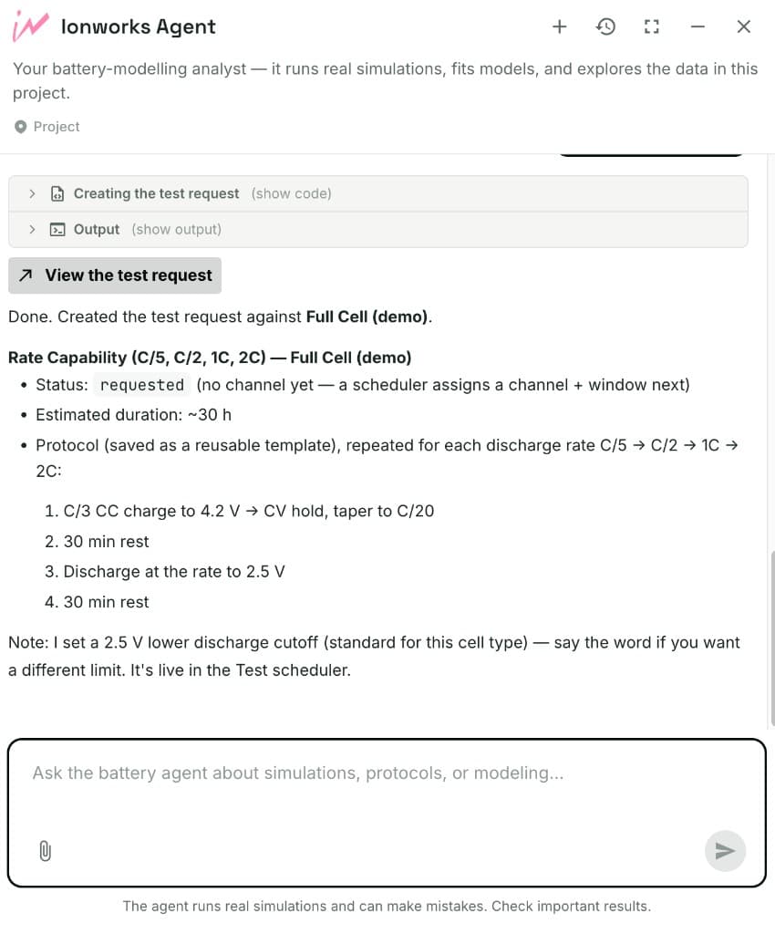 Ionworks Agent creating a rate capability test request and confirming it is live in the Test scheduler
