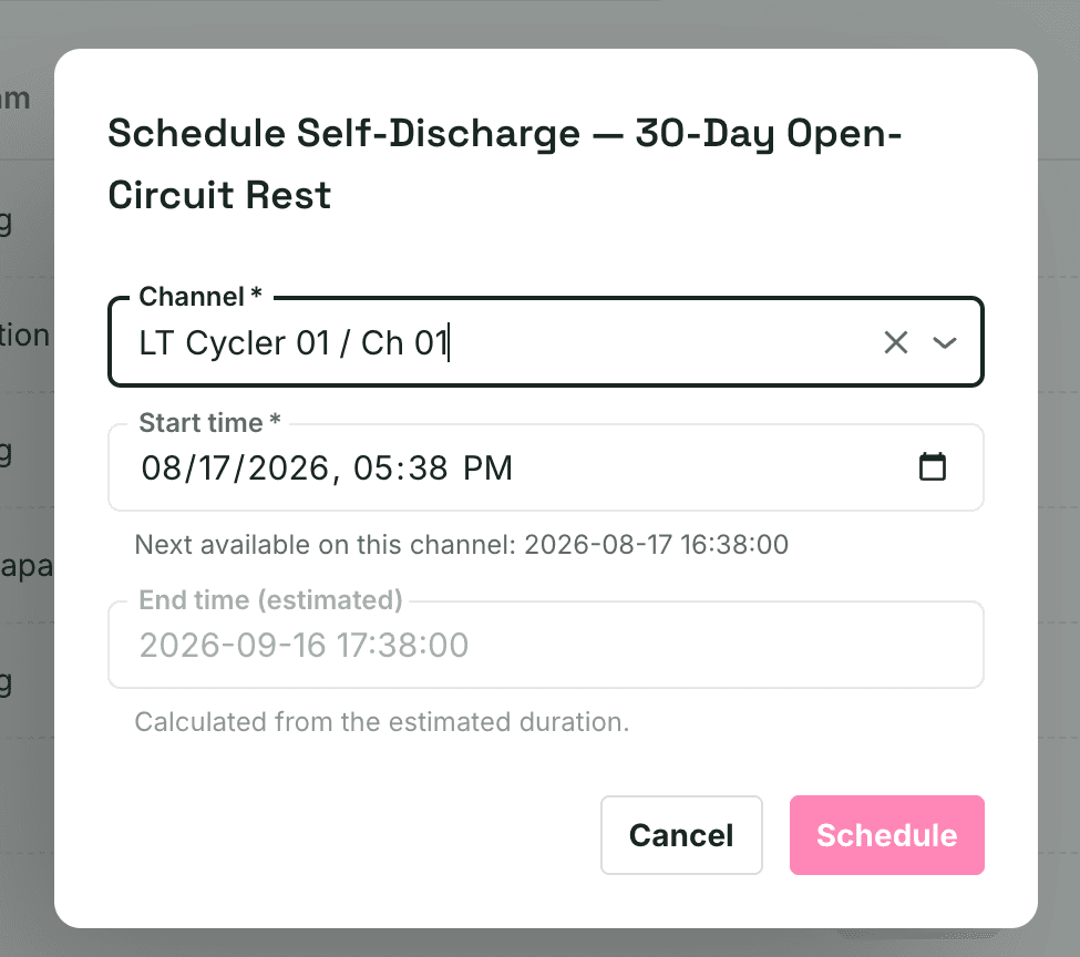 Ionworks Operate schedule dialog booking a test to LT Cycler 01 Ch 01, showing the next-available start and an estimated end time calculated from the simulated run duration